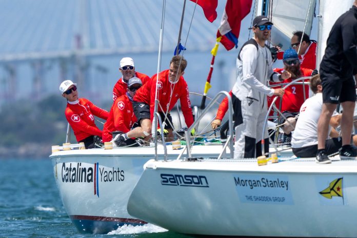 Defending Congressional Cup Champion Eric Monnin (SUI) and his Swiss Match Racing crew Julien Falxa, Maxime Mesnil, Jean Claude Monnin, Marc Monnin, Ute Monnin Wagner, Cyril Schüpbach. 2026 LBYC Congressional Cup, Day 2. Long Beach Yacht Club, Long Beach, CA. April 30, 2026. // Photo: Ian Roman / WMRT