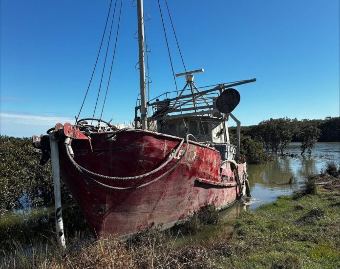 The MV Gleaner was raised from Shortland Harbour after it sank on April 17 during Cyclone Vaianu // Waikato Regional Council