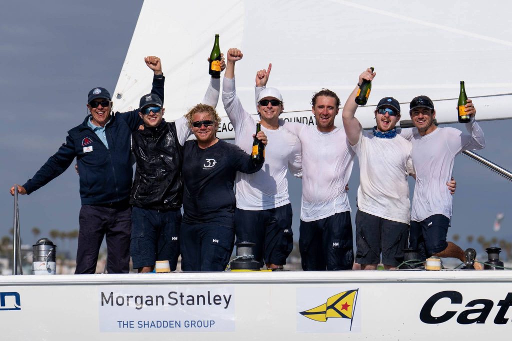 LBYC’s Ken Matfeld, Jack Frewin, Max Brennan, Hamish Vass, Nathan Guliksen George Richardson and Cole Tapper / 2026 LBYC Congressional Cup, Day 5. Long Beach Yacht Club, Long Beach, CA. May 03, 2026. // Photo credit: Ian Roman / WMRT