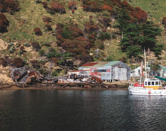 Boats, wrecks, and old buildings, many under restoration, at remote Whakatahuri. // Photo credit: Lesley Stone