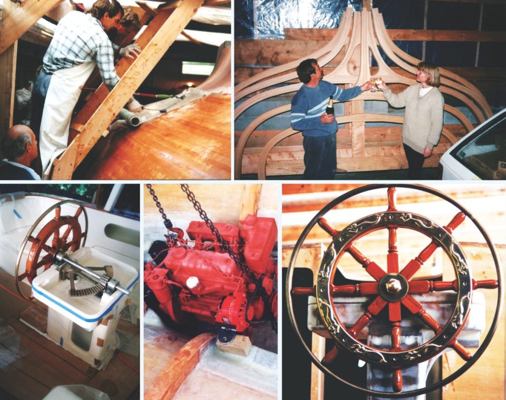 CLOCKWISE FROM TOP LEFT Glassing the hull; Toasting the completed frames; The hand-crafted wheel; Installing the original Perkins engine; And the custom-built steering mechanism. // Photos courtesy of the Gray family
