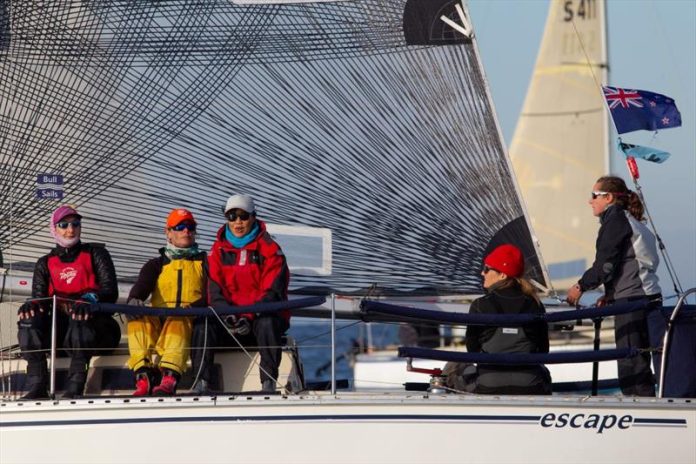 AWKR Holly Farmer at the helm of Escape in the 2019 AWKR - Australian Women's Keelboat Regatta // Photo credit: Bruno Cocozza / AWKR