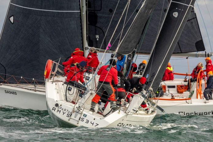 Spartan and Clockwork at close quarters in the 2025 Australian Women's Keelboat Regatta // Photo credit: Andrea Francolini / AWKR