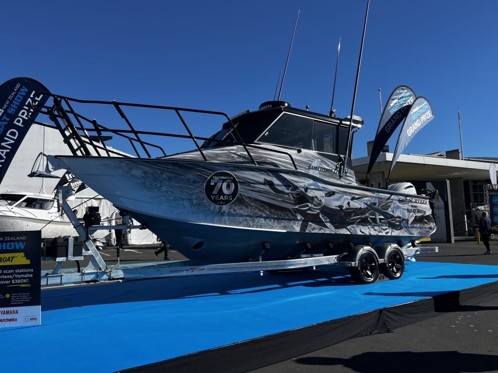 The grand prize on display just inside the entrance to the 2026 Hutchwilco New Zealand Boat Show // BNZ