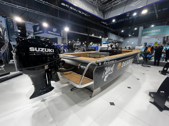 Suzuki outboard motor on a Fin Chaser 560c Suzuki pavilion at the 2026 Hutchwilco New Zealand Boat Show // BNZ