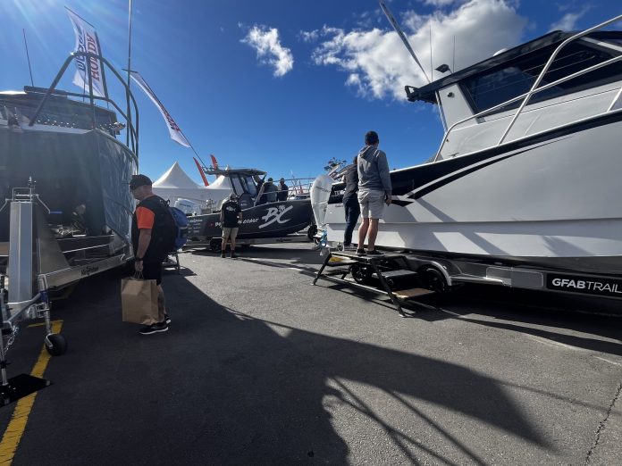 Kingfisher Boats Pavilion at the 2026 Hutchwilco New Zealand Boat Show (L-R) The 670, 510, and 730 Kingfisher boats at the 2026 Hutchwilco New Zealand Boat Show. // BNZ