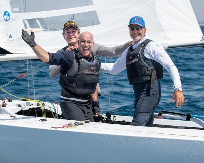 James Mayo, Paul Cayard, and Ben Lamb aboard Magpie AUS 1526 win the 2026 Etchells World Championship at San Diego Yacht Club // Photo credit: Mark Albertazzi