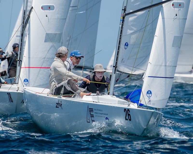 James Mayo, Paul Cayard, and Ben Lamb aboard Magpie AUS 1526 win the 2026 Etchells World Championship at San Diego Yacht Club—photo. // Photo credit: Mark Albertazzi