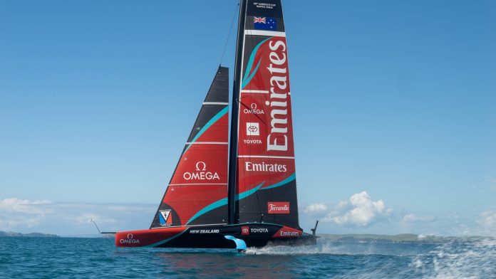 Emirates Team New Zealand sail their AC75 Taihoro in Auckland during testing and development for the Louis Vuitton 38th America’s Cup. © Emirates Team New Zealand