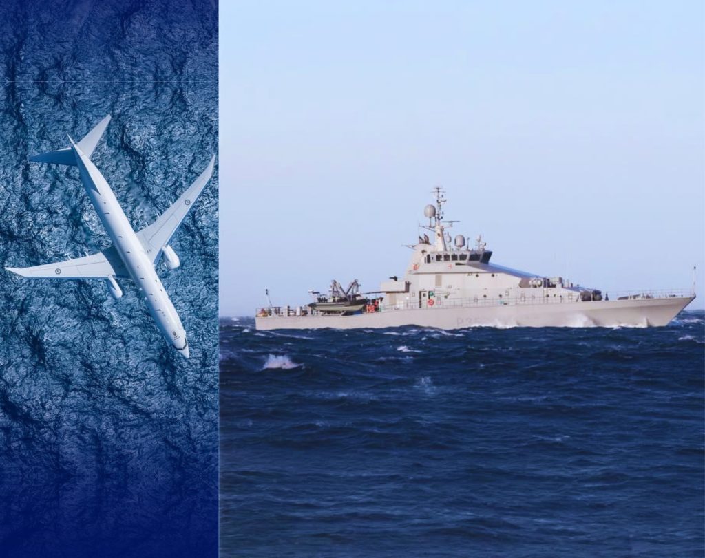 L-R: Royal New Zealand Air Force P-8A Poseidon. Inshore Patrol Vessel HMNZS Taupo. // NZDF