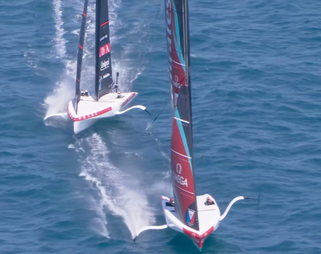 Louis Vuitton Sardinia Preliminary Race 4, Luna Rossa principal boat follow ETNZ principal boat // America's Cup media