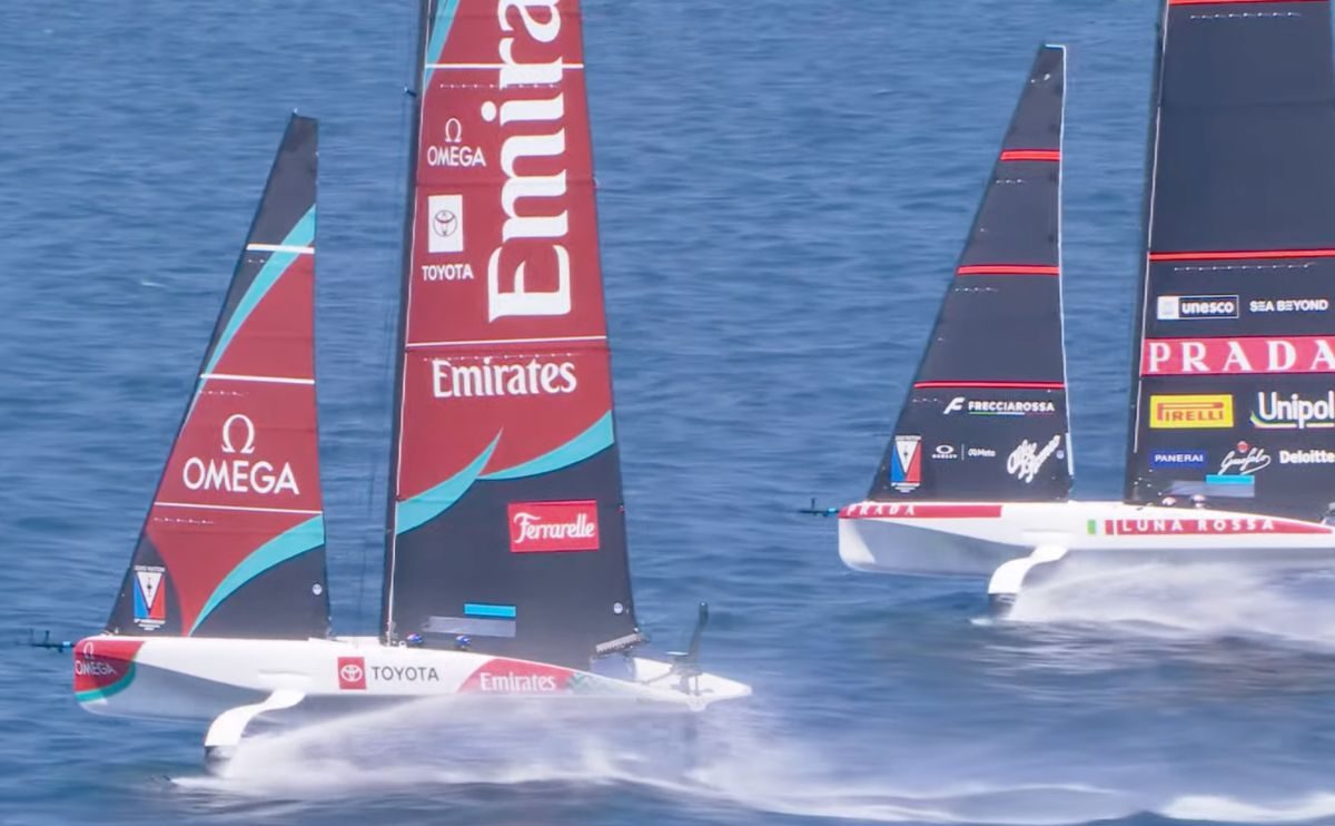 What a race! Louis Vuitton Sardinia Preliminary Race 4, Luna Rossa principal boat follow ETNZ principal boat // America's Cup media