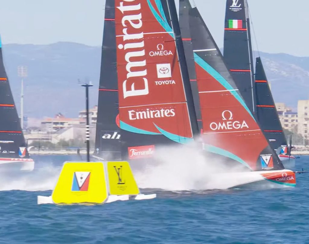 ETNZ Women and Youth touch down at the start line in Race 5. AC38 Sardinia Prelims - Race 5 // Photo credit: America's Cup media