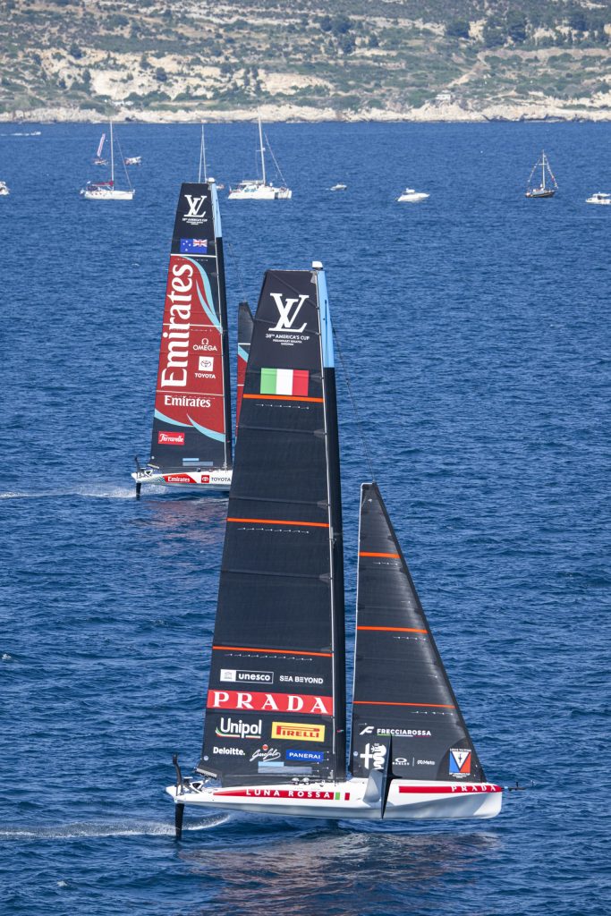 Final race (Match race), Luna Rossa (principal) up against ETNZ (principal) in the Preliminary Regatta held in Sardinia for the 38th Louis Vuitton Cup (2027) // Photo credit: America Cup media