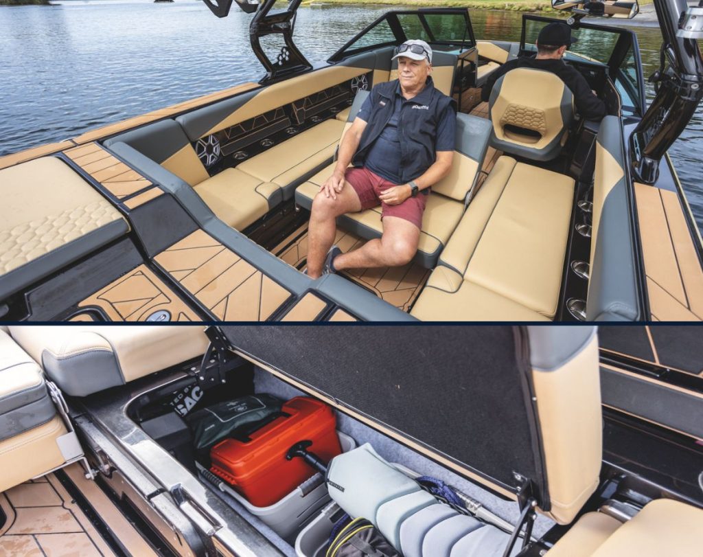 ABOVE The SARONIC Seven is set up for tow sports and comfortable enough for a full day on the water. BOTTOM There is a ton of storage onboard. // Photo credit: Geoff Cox