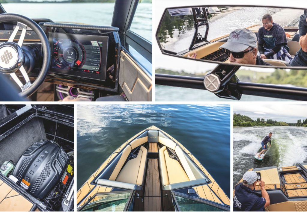 All of the boat’s systems are optimised for wake sports. The Indmar Raptor is purpose-built for the task; Comfort in the bow too; Mat can surf too. SARONIC Seven // Photo credit: Geoff Cox