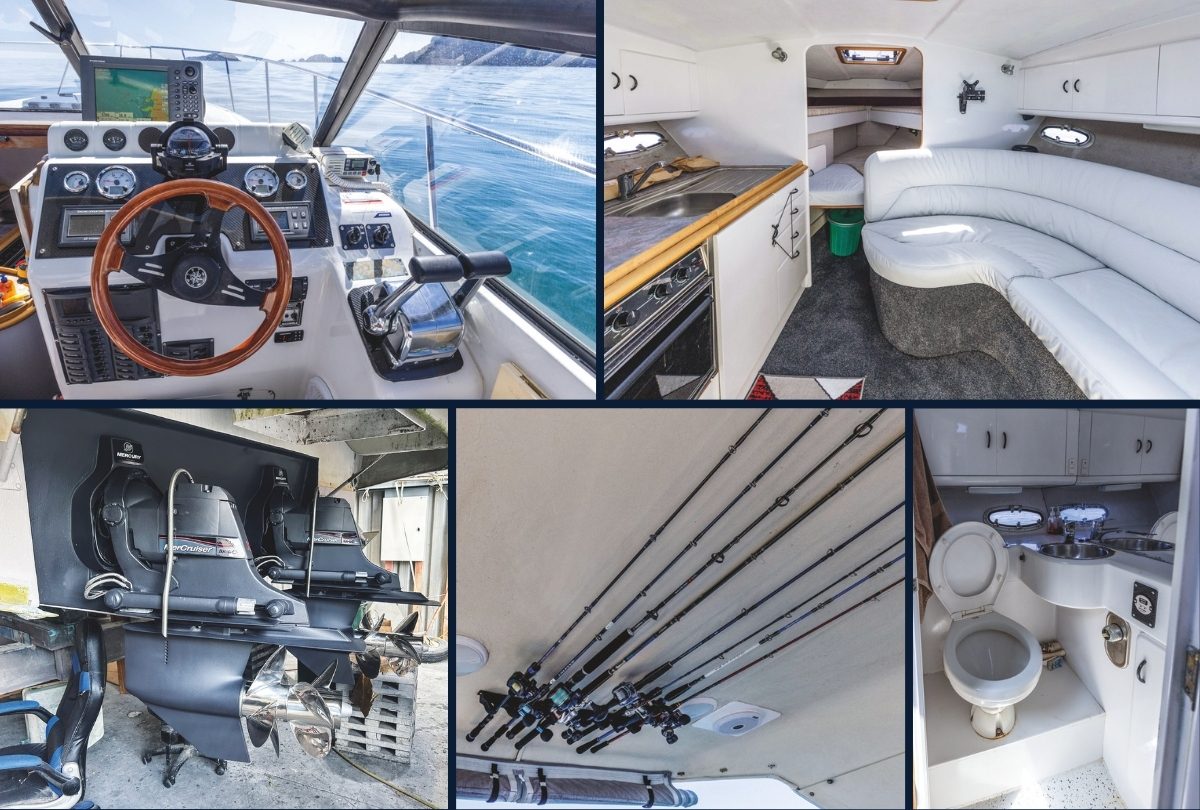 ABOVE & RIGHT: The new dash and interior. LEFT: Duo-prop stern legs installed. RIGHT: Avanti’s armoury under the roof, and the enviro-friendly Lectrosan toilet. Avanti, the 1998 Genesis 320, found in Repower: Twin Transplant // Photo credit: Roger Mills
