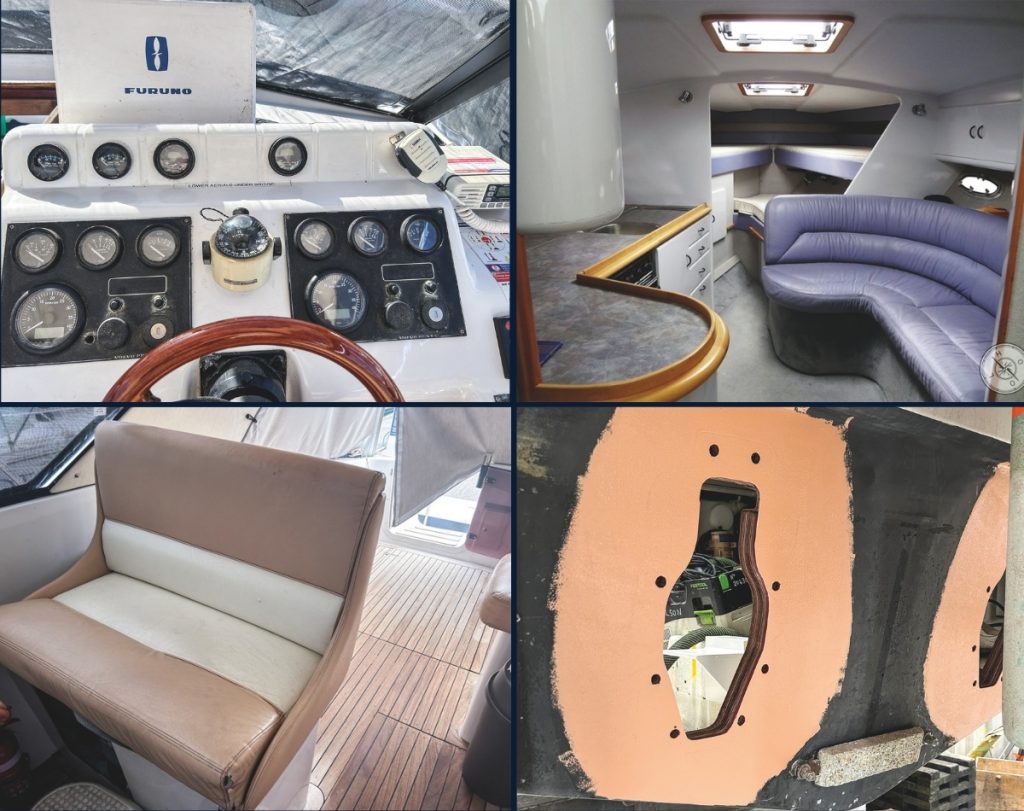 Above, the dash and interior before the makeover. Below, the transom before new apertures were cut. Avanti, the 1998 Genesis 320, found in Repower: Twin Transplant // Photo credit: Roger Mills