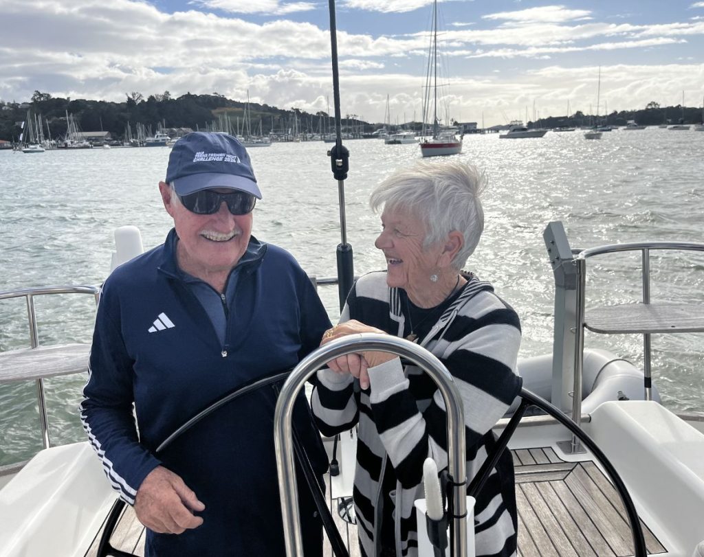 Malcolm and Joan Dickson at the helm of Sarau, the yacht entered by Malcolm into the 2026 Solo Trans-Tasman Yacht Challenge. // Photo: Boating New Zealand