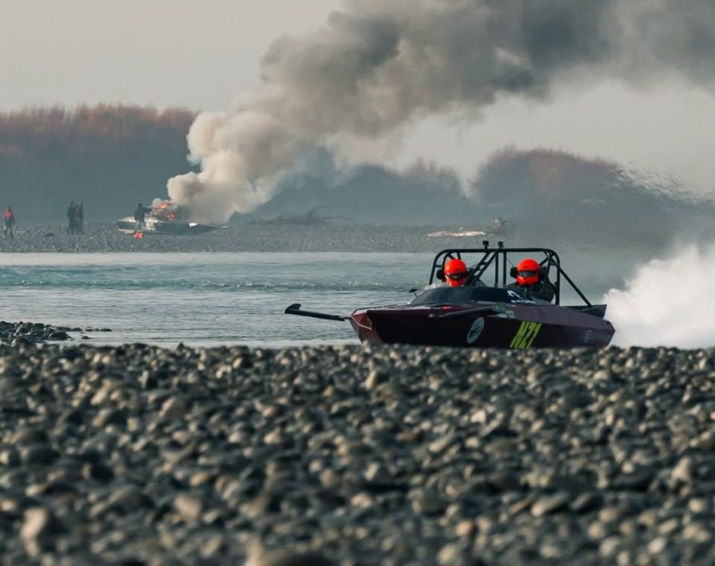 Richard Foster and Brent Millar's U185 exited the race early when their boat caught fire off the start // Photo credit: Inch.nz