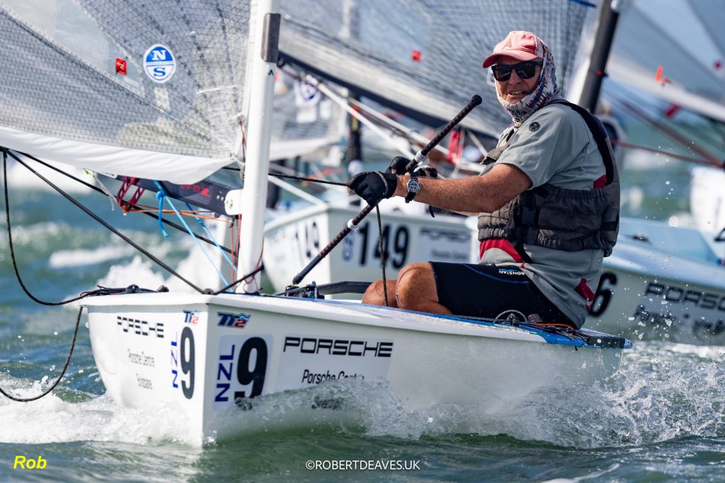Rob Coutts at the helm of NZL9, NZ Finn Team // Photo credit: Robert Deaves