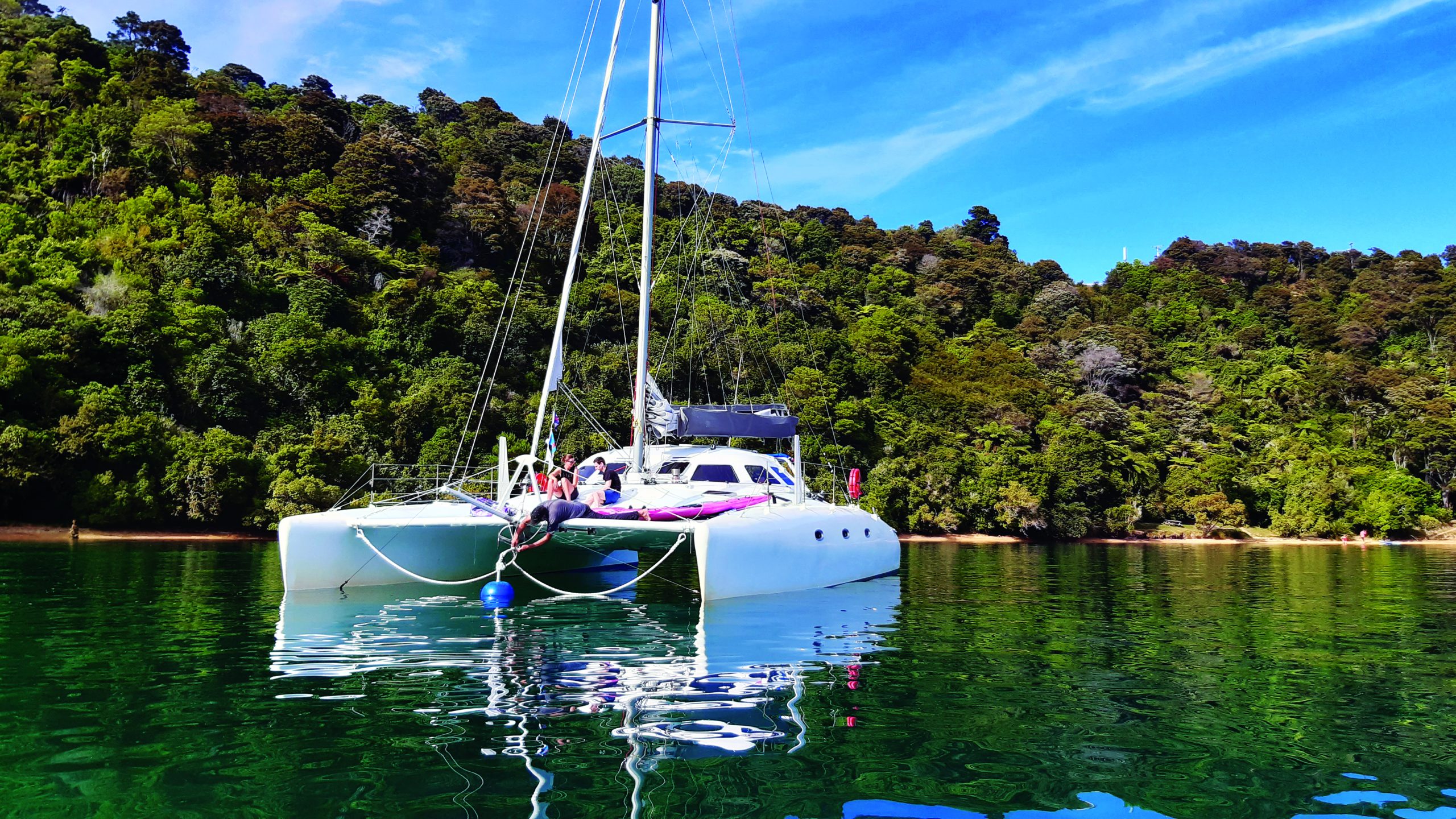 A white catamaran with passengers aboard is anchored in calm, crystal-clear turquoise waters surrounded by lush green forested hills // Photo credit: ALEX AND LESLEY STONE.