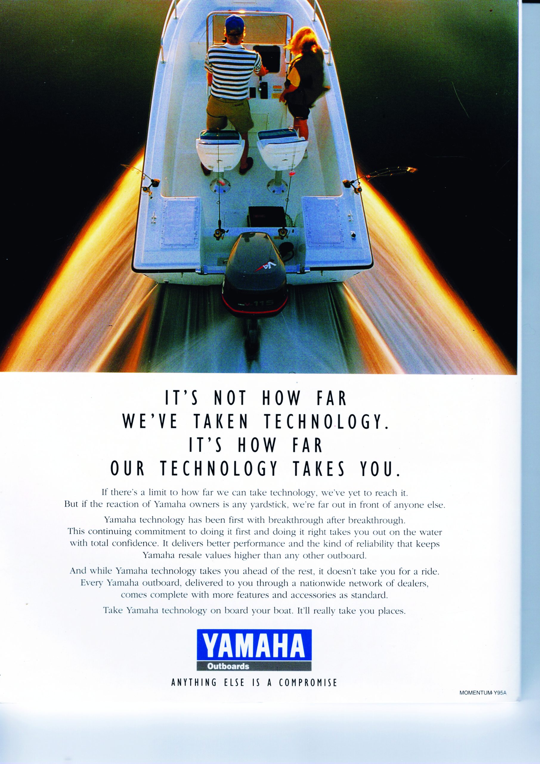 A Yamaha motorboat with two people aboard speeds across the water leaving a bright wake trail behind it // Photo credit: supplied.
