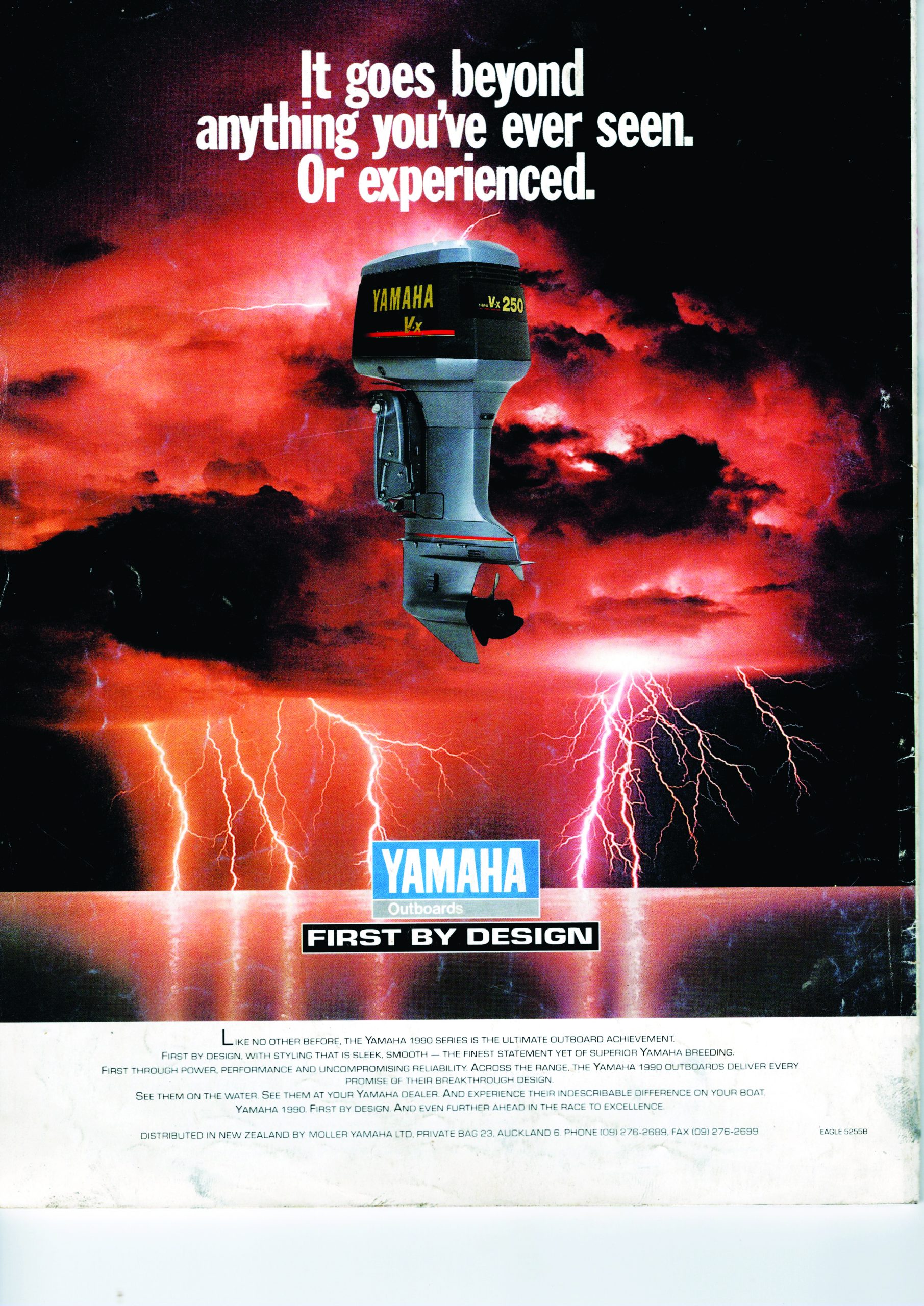 A Yamaha V6 250 outboard motor is dramatically displayed against a stormy red sky with lightning bolts in this vintage advertisement // Photo credit: supplied.