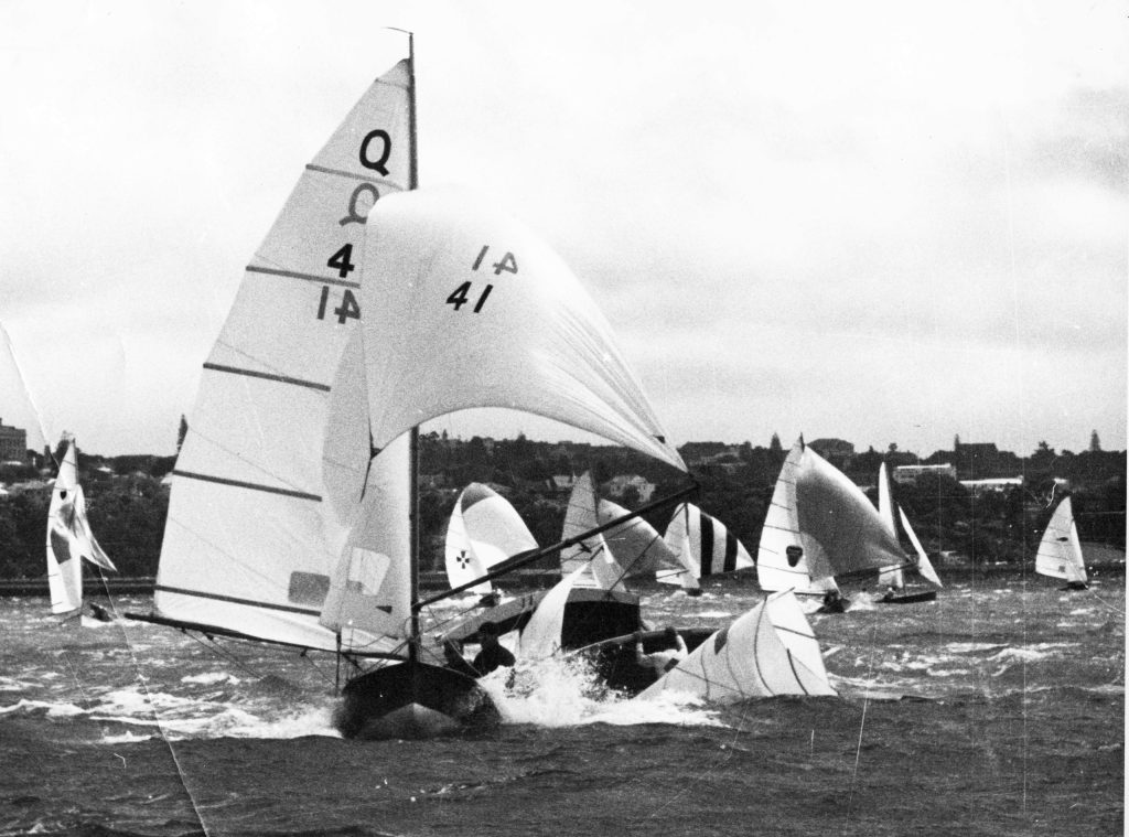 Flamingo winning the last race of the series at Auckland January 1963 with mayhem behind her. // Photo credit: Harold Kidd.