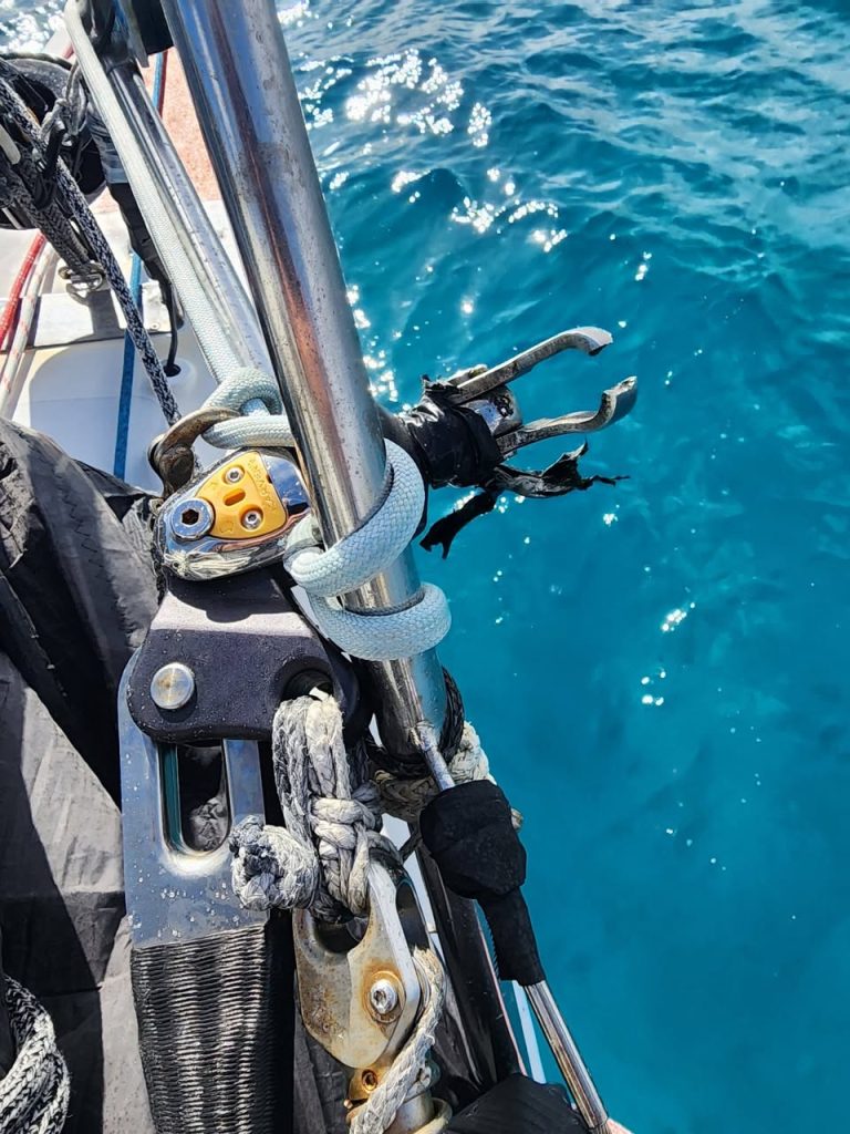 Rigging tackle that sheraed in half on Kevin Le Poidevin's Open 40 Roaring Forty. // Photo credit: Roaring Forty