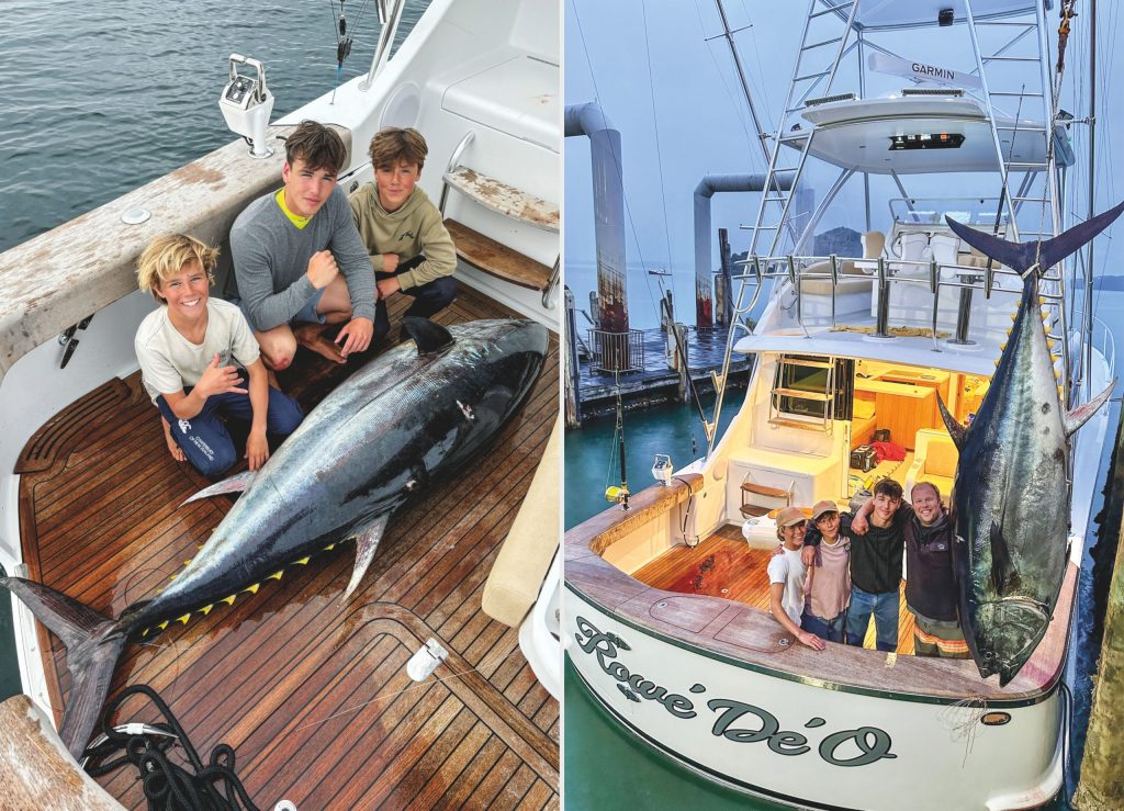 L-R: Charlie Rowe with fishing buddies Tane and Torrence Reid with one of the biggest northern bluefin tuna to be caught in the Bay of Islands. Brad Rowe (right) with Charlie Rowe, Torrance and Tane Reid and Torrance’s impressive 211kg northern bluefin tuna, caught aboard Rowe’de’O. // Supplied