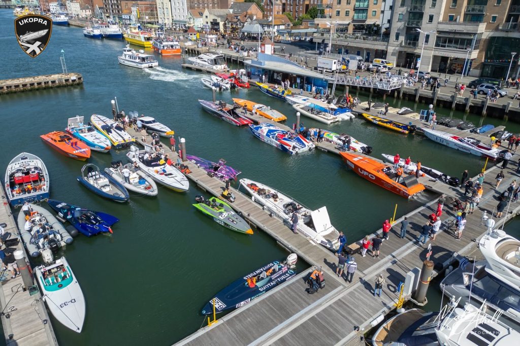 Looking down at the offshore powerboats at Poole // Photo credit: Malc Attrill
