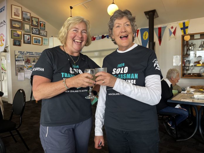 Julie Kidman, Race Manager, and Celia Carson, the Race Officer cheers-ing the very successful start of the Solo Tasman Yacht Challenge 2026. // Photo credit: Kirsten Thomas