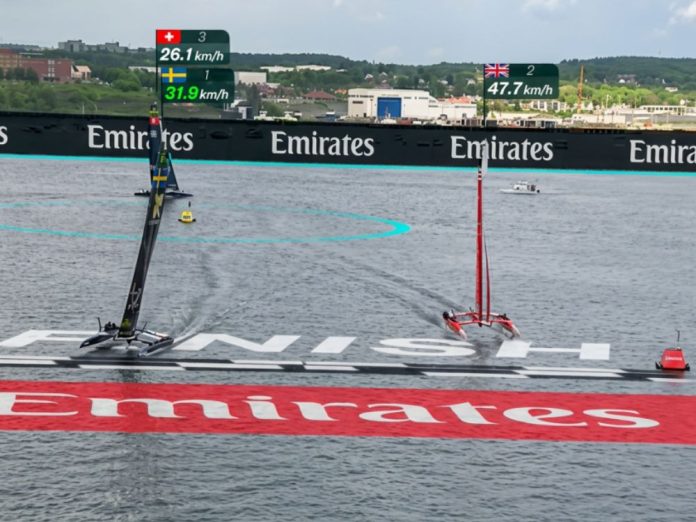 Artemis beats Emirates GBR by 1.6 seconds in Group B Race 2. // Photo credit: SailGP media (screen grab)
