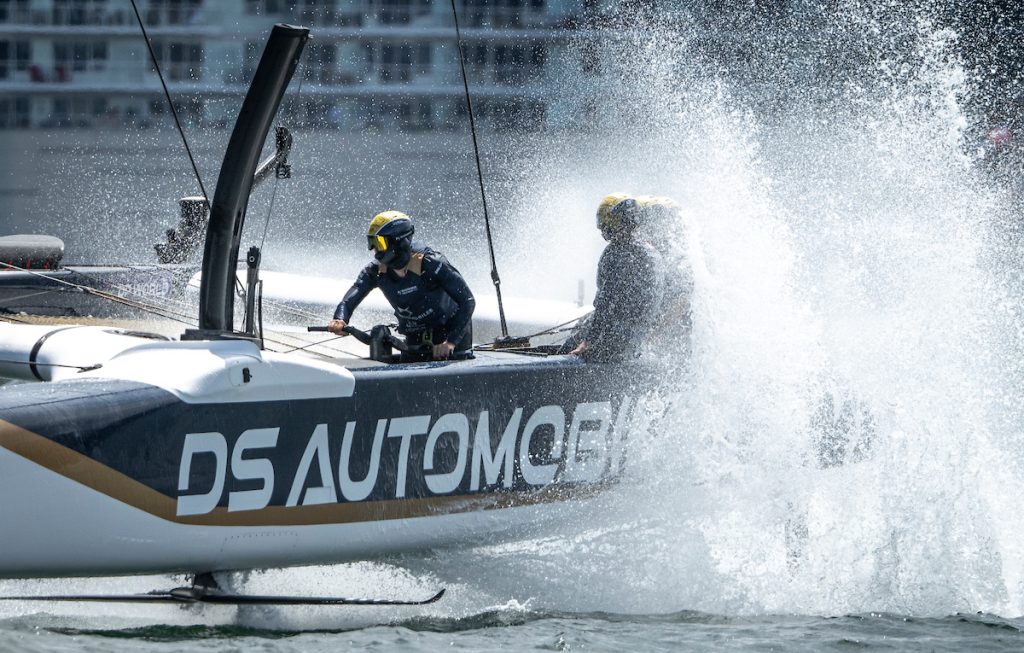 DS Automobiles SailGP Team France hit a wave during racing on Race Day 2 of the Canada Sail Grand Prix in Halifax, Canada. Sunday 21 June 2026. Rolex SailGP Championship Event 7 2026 Season. // Photo credit: Ricardo Pinto for SailGP.