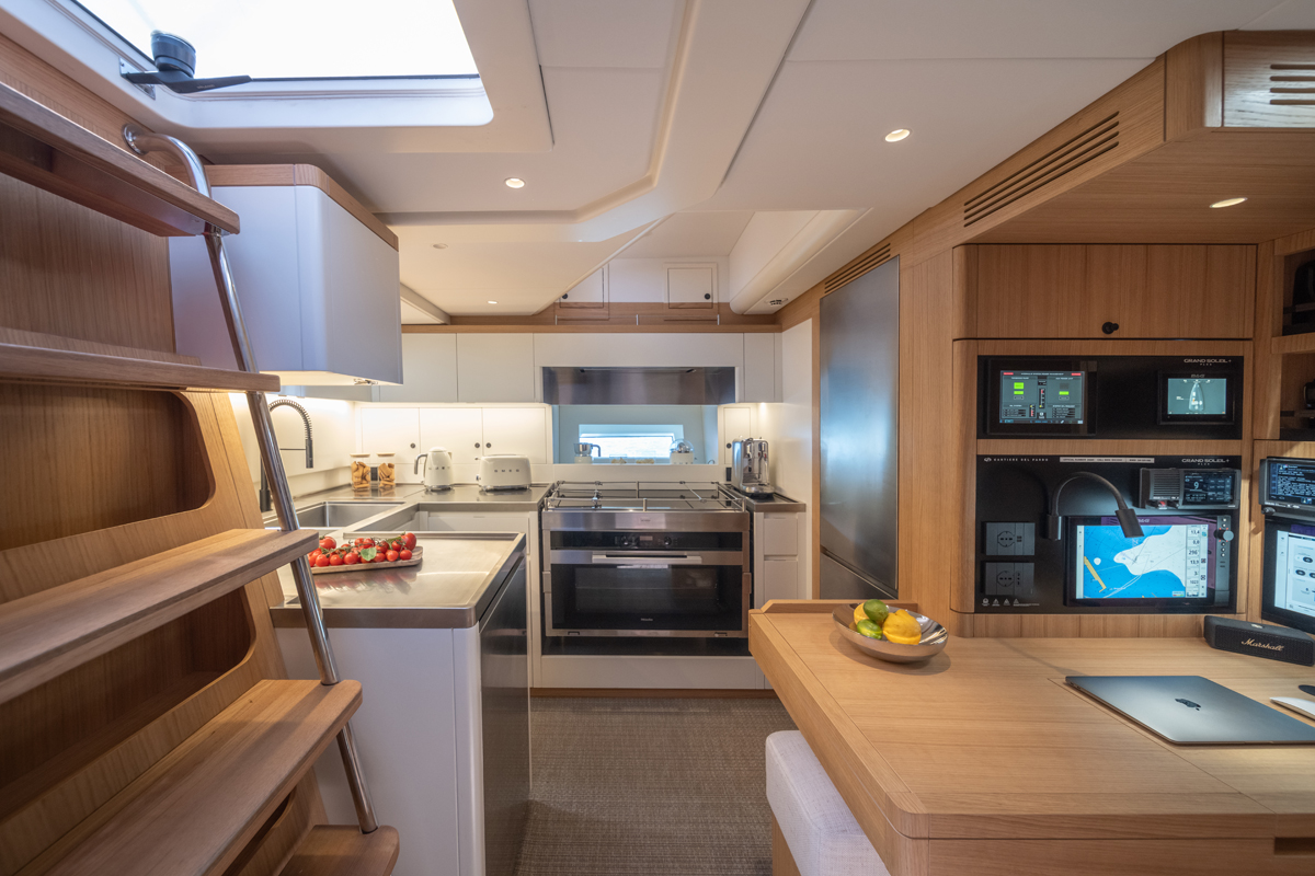 The galley of the Grand Soleil 80. Grand Soleil's biggest blue-water weapon yet pushes 26 metres. // Photo credit: Gianluca Napthalina Camporesi