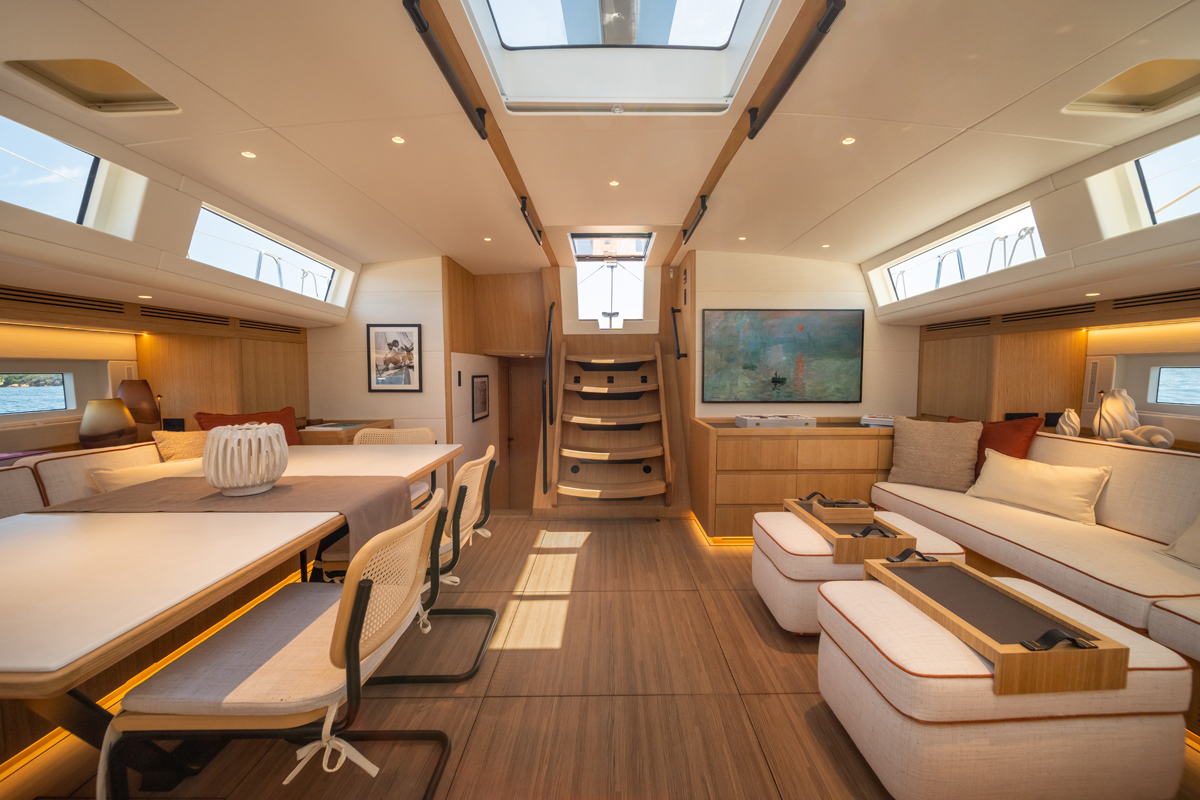 The saloon of the Grand Soleil 80. Grand Soleil's biggest blue-water weapon yet pushes 26 metres. // Photo credit: Gianluca Napthalina Camporesi