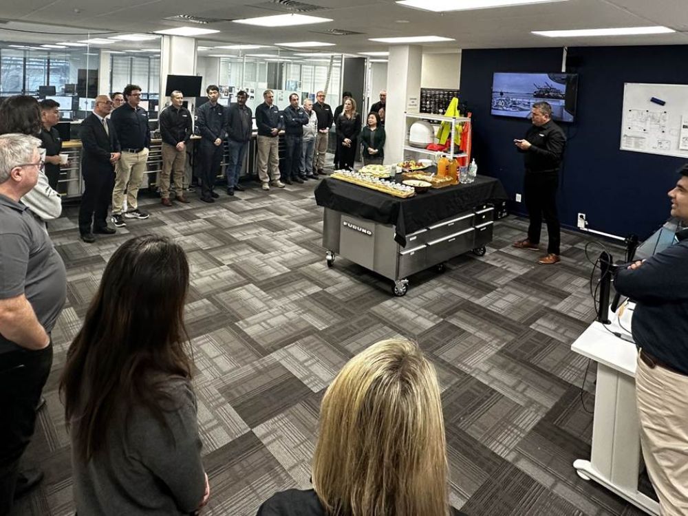 Gareth Hodson addressing the ENL team during a recent visit by Furuno Japan leadership. // Photo: supplied.