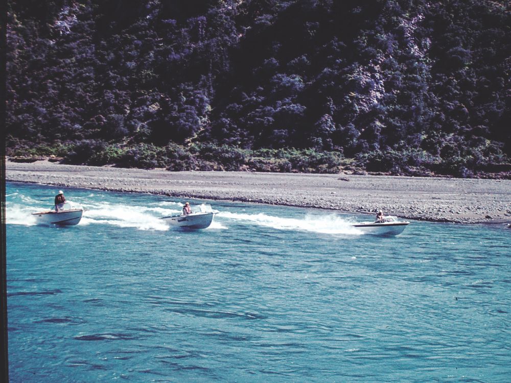 Tom Fraser's grandparents, mother and friends on the Waimakariri River Gorge, November 1973. // Supplied