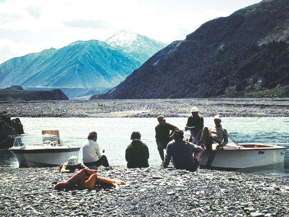 Tom Fraser's grandparents, mother and friends on the Waimakariri River Gorge, November 1973. // Supplied