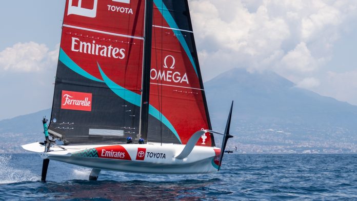 07 July 2026. Louis Vuitton 38th America's Cup - EMIRATES TEAM NEW ZEALAND training in Naples Bay.