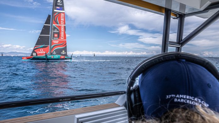 September 05, 2024. Louis Vuitton Cup, Training ahead of the Louis Vuitton Cup in Barcelona. Round Robin Day 6 from the Regatta Committee boat. Ivo Rovira / America's Cup