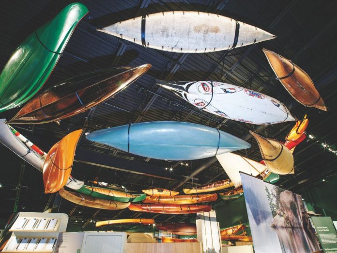Just some of over 600 paddled vessels on display. These are suspended from the roof of the exhibition hall. // Photo credit: Bruno Cianci