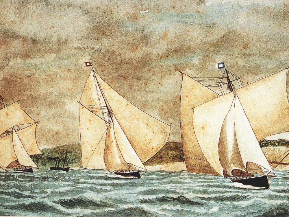 Tom Niccol’s Waitangi leading a race at Sydney Heads in 1887.