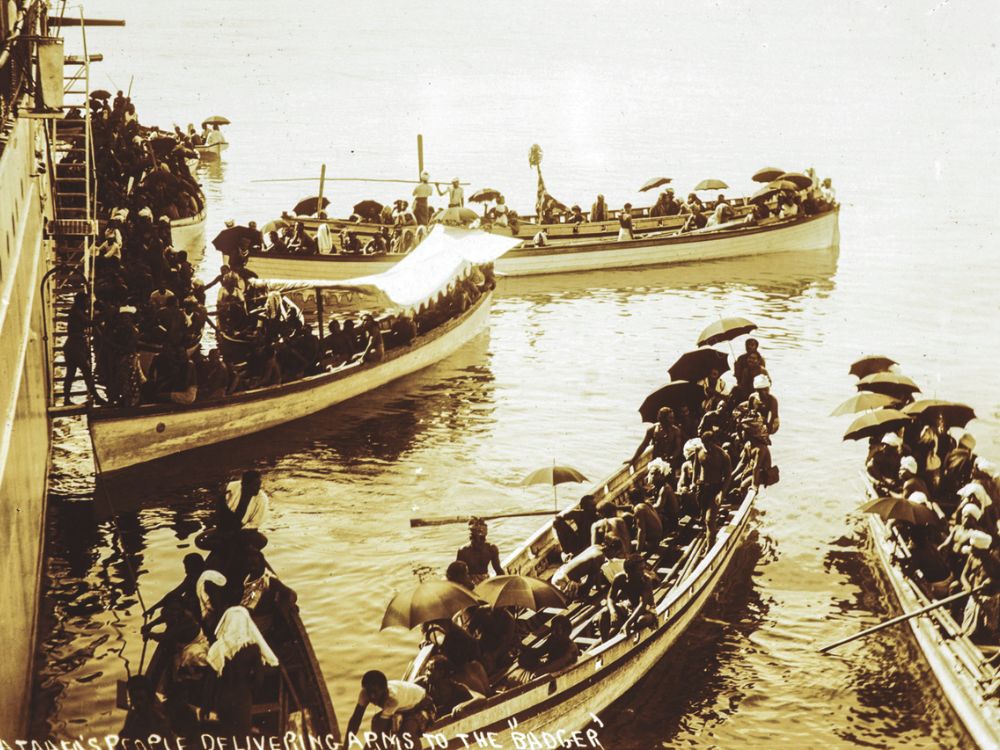 Bailey-built fautasi with Mata’afa’s warriors surrendering their rifles to USS Badger in 1899.
