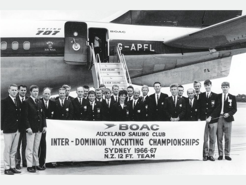 December 1966, the New Zealand representative 12 Foot team on the tarmac. Bev front row middle. // Supplied