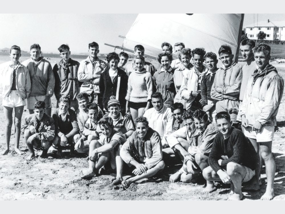 Auckland Secondary Schools Yachting Champs at Wakatere Boat Club November 1968, Bev far left of girls. // Supplied