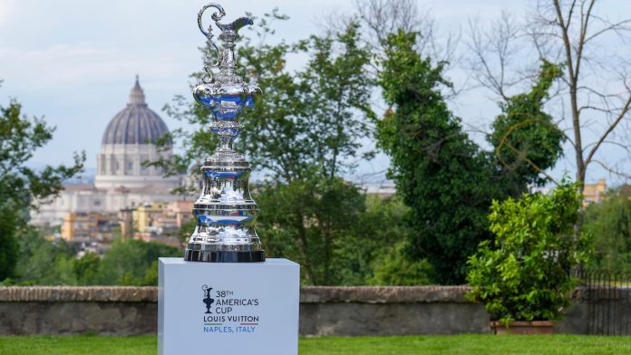 May 26, 2025. Louis Vuitton 38 America’s Cup. Italian Prime Minister Welcome Function at Casino del Bel Respiro, Rome. America’s Cup trophy with St. Peter's Basilica in the Vatican City. Ian Roman / America's Cup