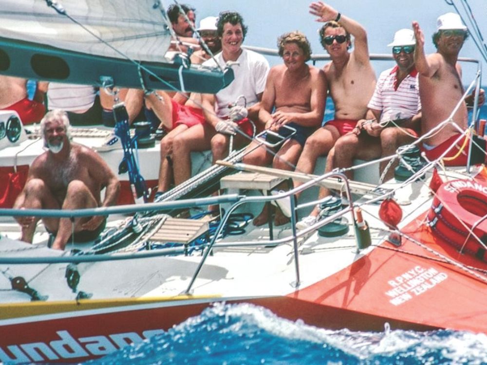 Macalister on mainsheet, with the late Peter Lester helming the IOR one-ton Pacific Sundance in the 1984 Clipper Cup.