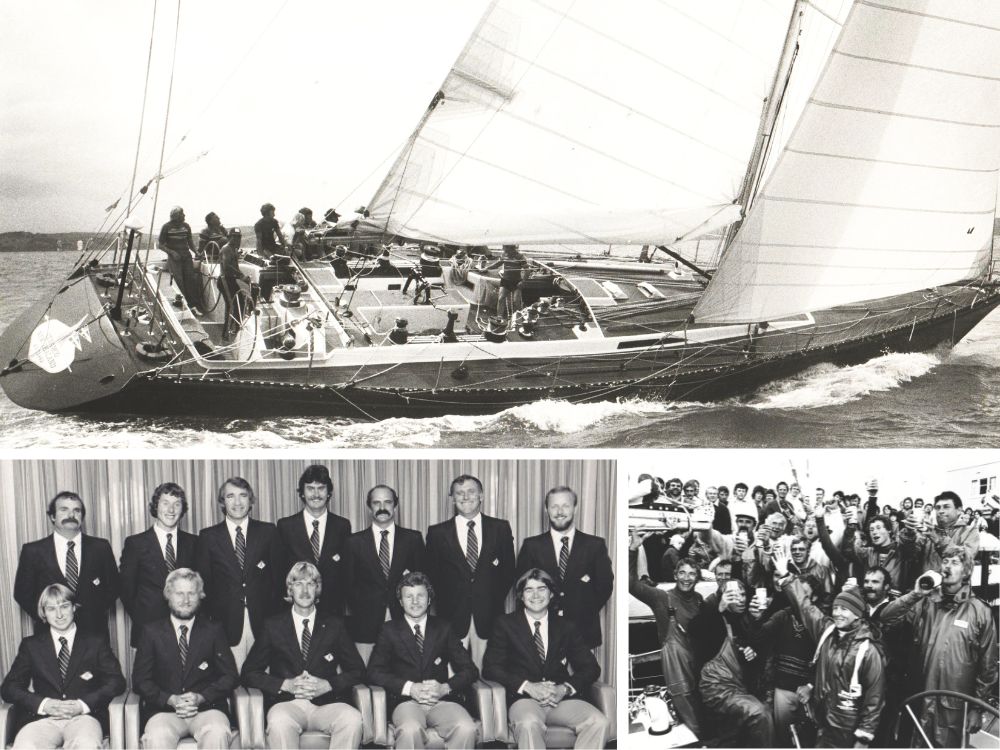 LEFT: the Bruce Farr designed Ceramco New Zealand (photo by Peter Montgomery.) BELOW: Ceramco’s crew living it up after winning the 1980 Sydney-Hobart, and a formal crew photo.